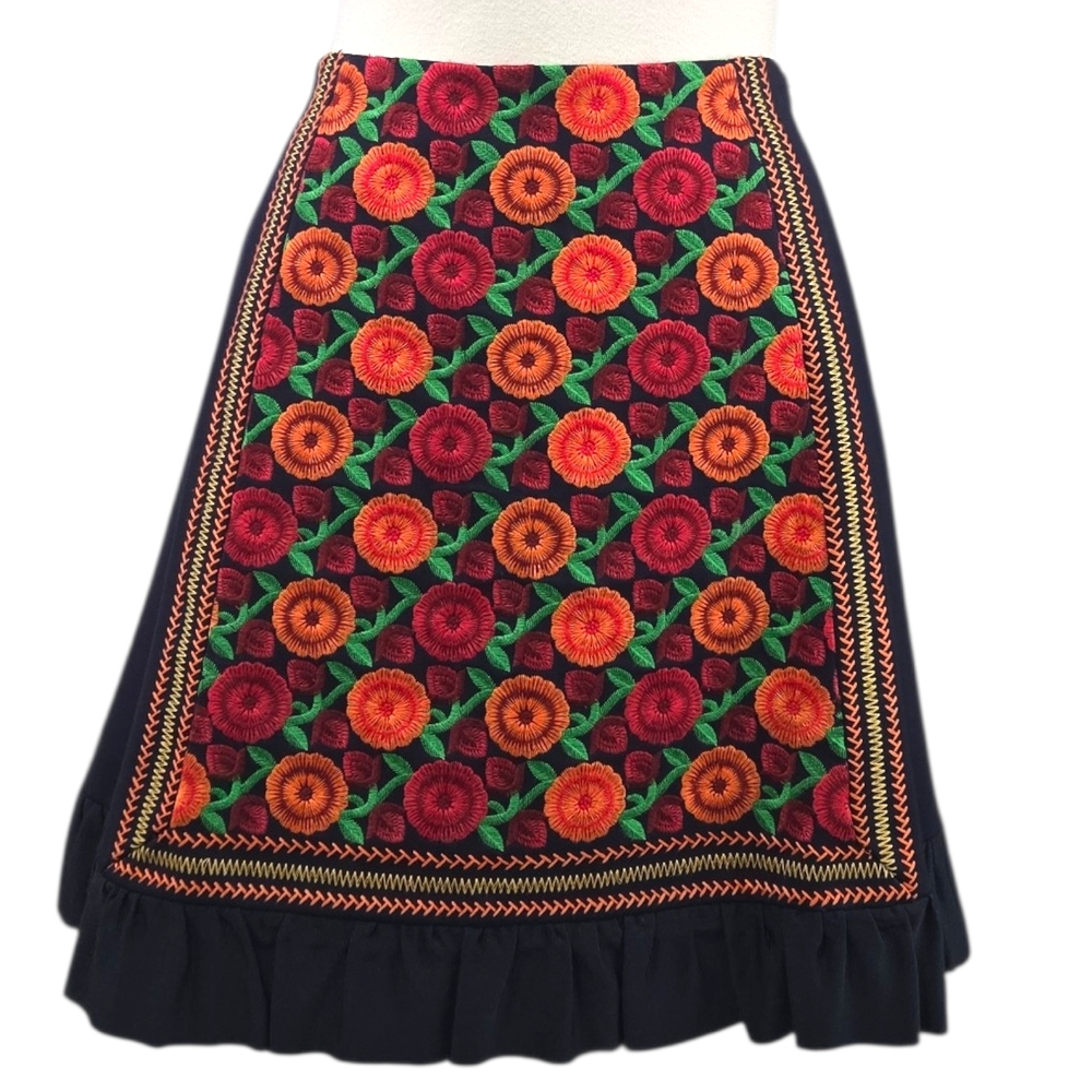 Ann Mashburn Floral Embroidered A-Line Skirt Sz Medium Folk Art Lined Ruffle Hem